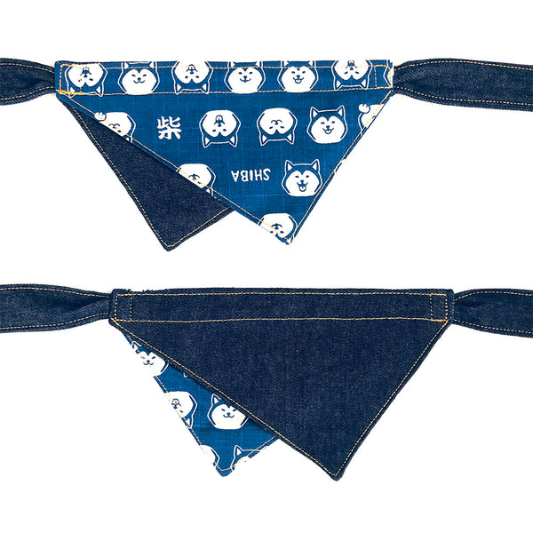 W SHIBAndana Shiba Inu Face & Kanji with Denim Reversible Bandana for Pets