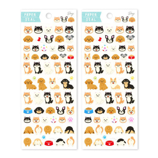 Adorable Dogs Sheet of Paper Stickers Shiba Inu, Corgi, French Bulldog, Toy poodle, Dachshund, Schnauzer, and Dog Food Bowl, Pet Toys, and Dog Butts