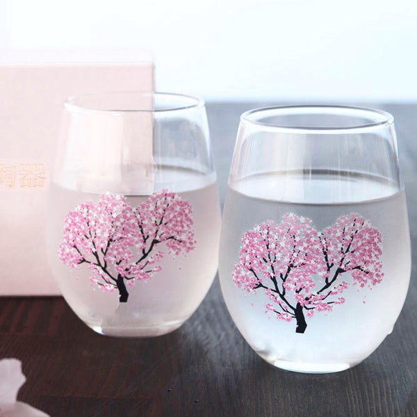 Japanese Sakura Cherry Blossom Color Changing Glass Cups (Pair), Magical Blooming Wine Glasses, Pour a Cold Drink and Color Changes from White to Pink