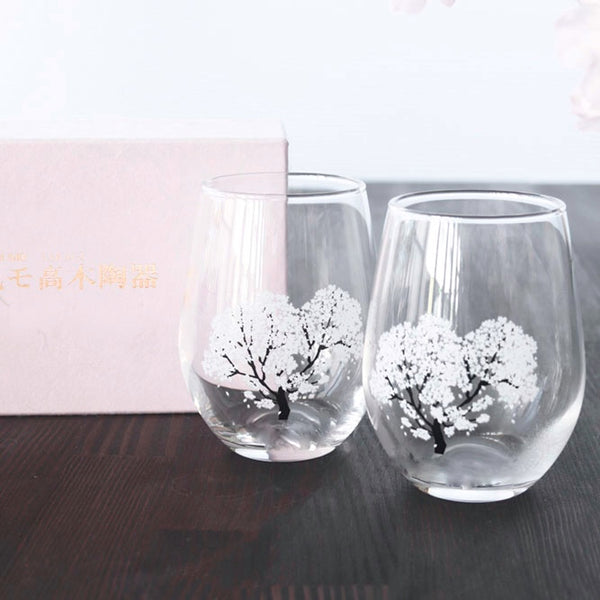 Japanese Sakura Cherry Blossom Color Changing Glass Cups (Pair), Magical Blooming Wine Glasses, Pour a Cold Drink and Color Changes from White to Pink