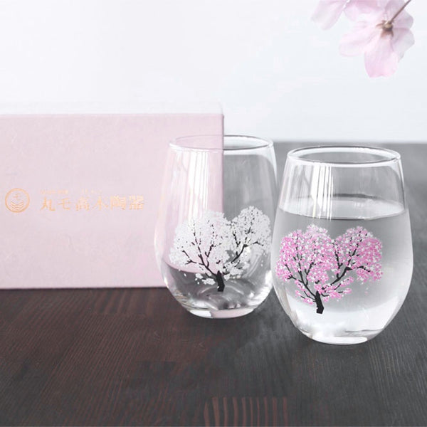 Japanese Sakura Cherry Blossom Color Changing Glass Cups (Pair), Magical Blooming Wine Glasses, Pour a Cold Drink and Color Changes from White to Pink