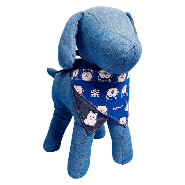 W SHIBAndana Shiba Inu Face & Kanji with Denim Reversible Bandana for Pets