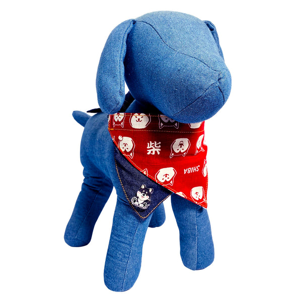 W SHIBAndana Shiba Inu Face & Kanji with Denim Reversible Bandana for Pets