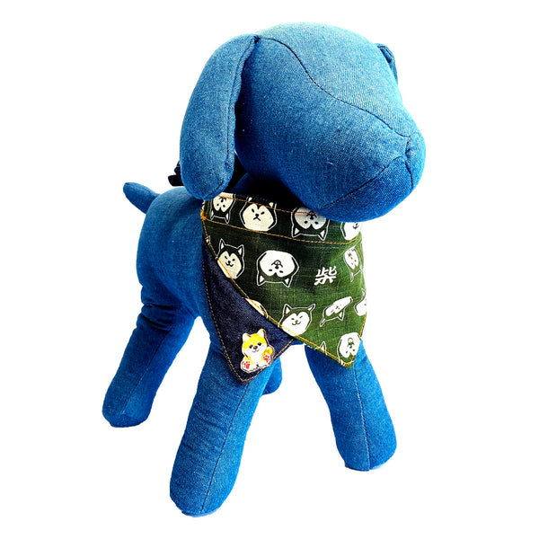 W SHIBAndana Shiba Inu Face & Kanji with Denim Reversible Bandana for Pets