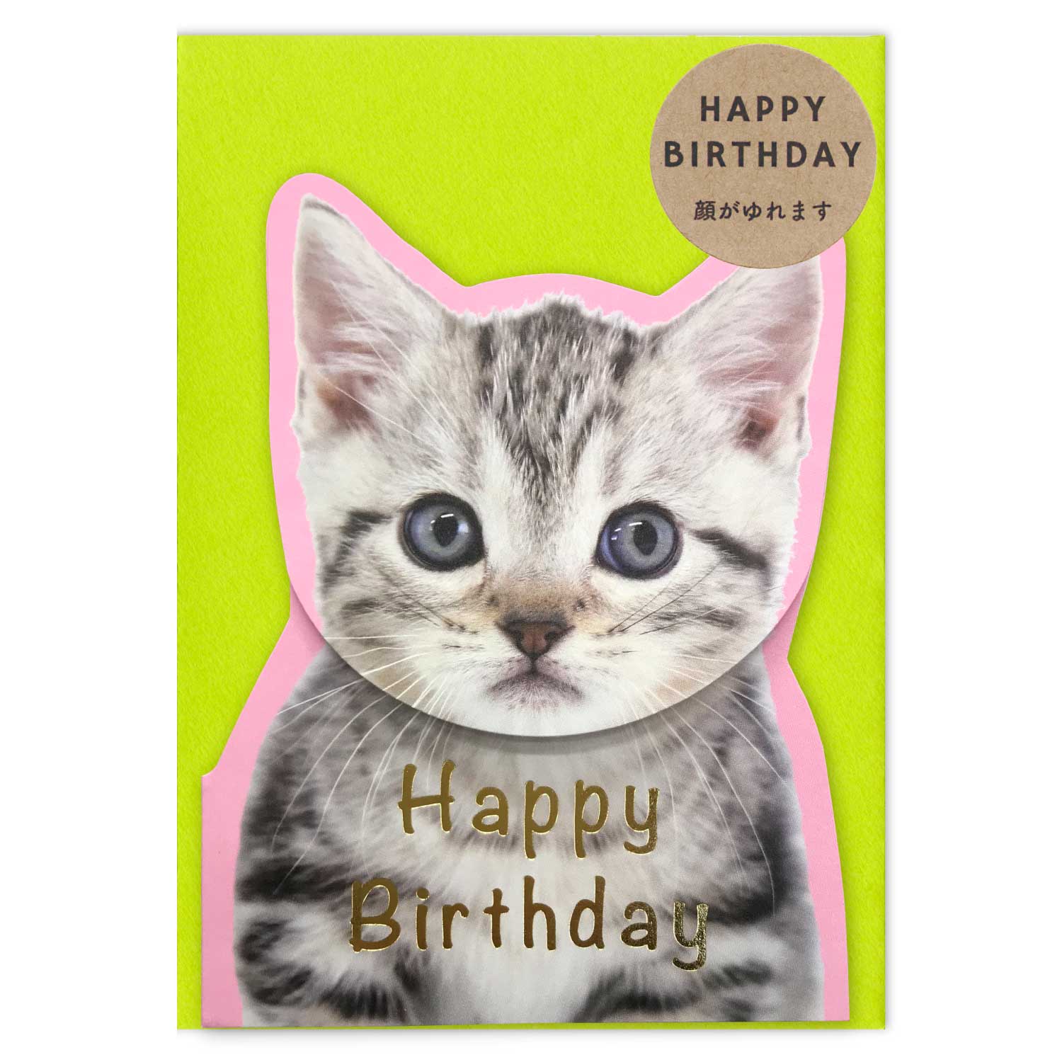Bobble Head Cat Happy Birthday Greeting Card with a Green Colored Envelope