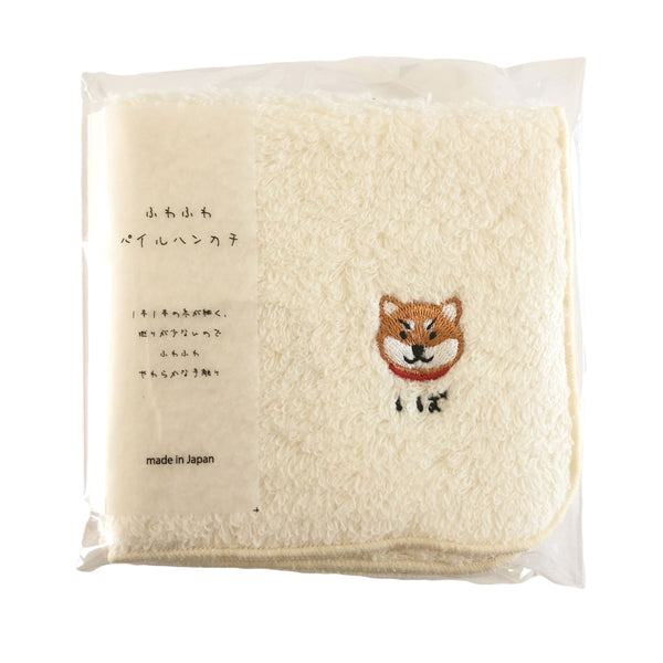 Shiba Inu Red Adorable Fluffy Pile Towel-Like Handkerchief with Embroidered Shiba Inu Face &  "Shiba" Japanese Hiragana