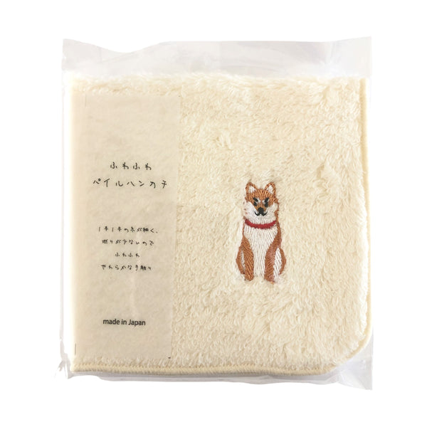 Shiba Inu Red Sitting Fluffy Pile Towel-Like Handkerchief with Elegant Embroidered