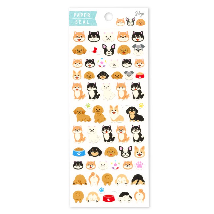 Adorable Dogs Sheet of Paper Stickers Shiba Inu, Corgi, French Bulldog, Toy poodle, Dachshund, Schnauzer, and Dog Food Bowl, Pet Toys, and Dog Butts