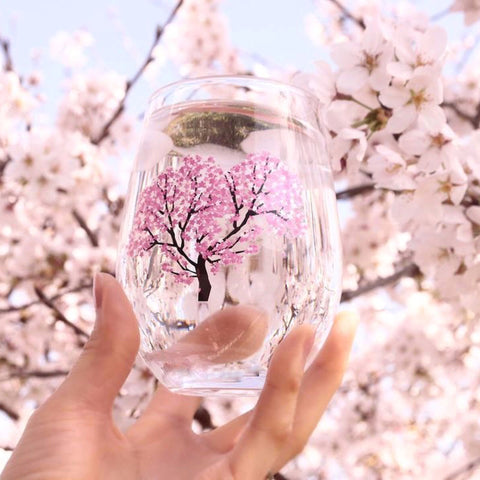 Japanese Sakura Cherry Blossom Color Changing Glass Cups (Pair), Magical Blooming Wine Glasses, Pour a Cold Drink and Color Changes from White to Pink