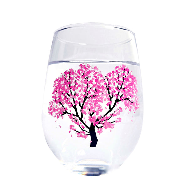 Japanese Sakura Cherry Blossom Color Changing Glass Cups (Pair), Magical Blooming Wine Glasses, Pour a Cold Drink and Color Changes from White to Pink