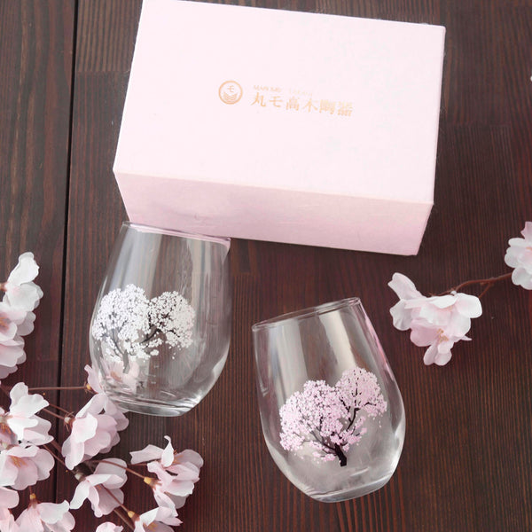 Japanese Sakura Cherry Blossom Color Changing Glass Cups (Pair), Magical Blooming Wine Glasses, Pour a Cold Drink and Color Changes from White to Pink