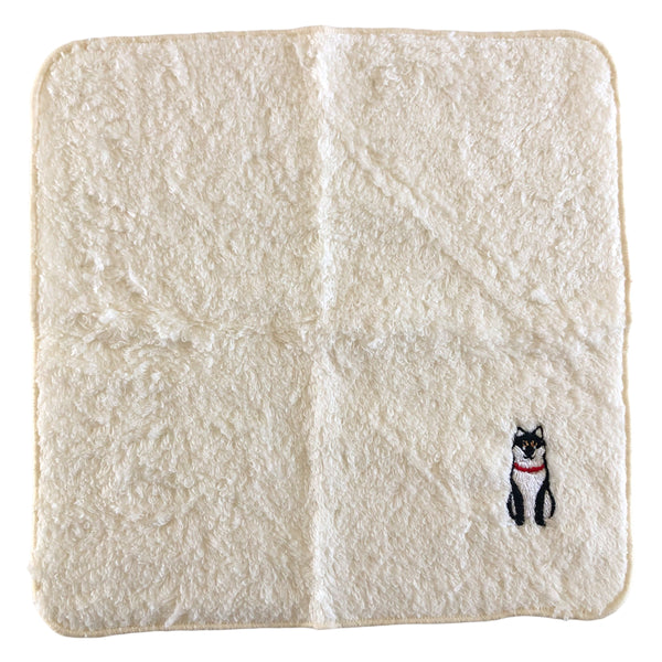 Shiba Inu Black & Tan Sitting Fluffy Pile Towel-Like Handkerchief with Elegant Embroidered