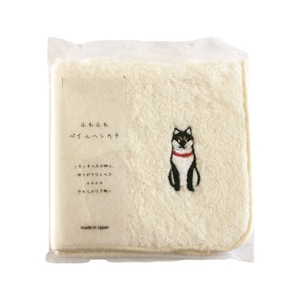 Shiba Inu Black & Tan Sitting Fluffy Pile Towel-Like Handkerchief with Elegant Embroidered