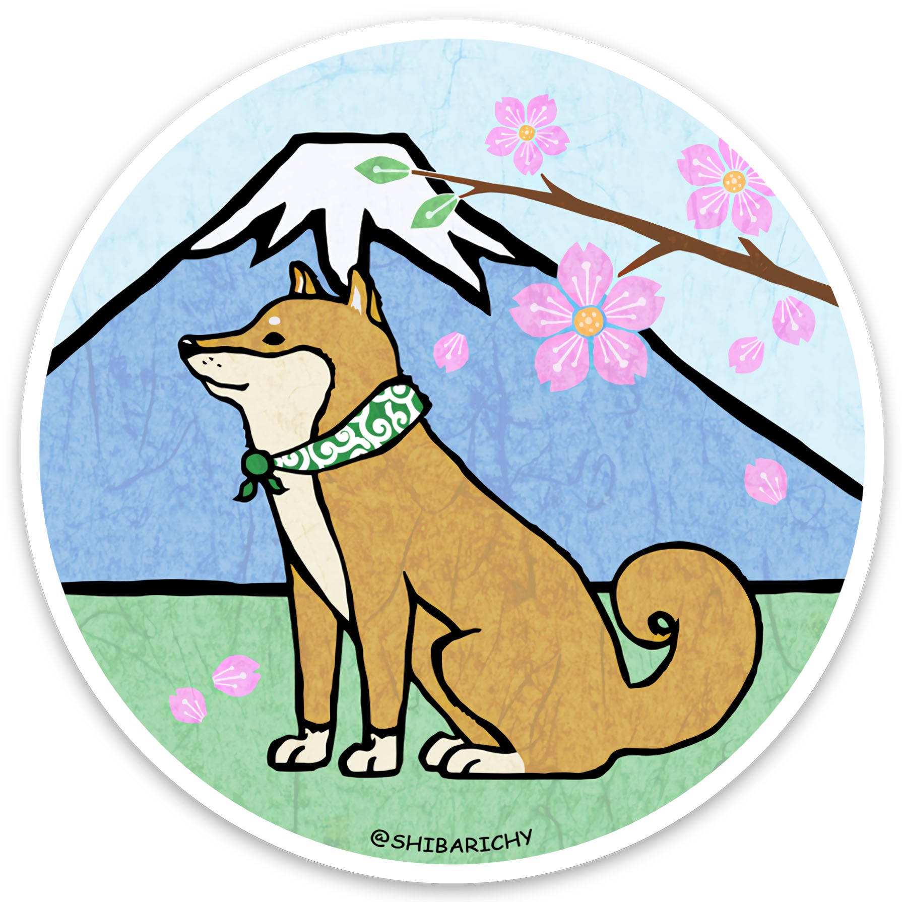 Shiba Inu Sakura Fujisan Sticker | Shiba ken sticker with Cherry Blossoms & Mt. Fuji